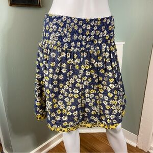J. Jill Mini Smocked Waist Skirt Daisy Print Blue Yellow Medium M Boho Hippie